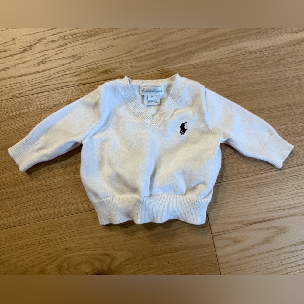 Ralph Lauren White V-Neck Sweater with Navy Polo Pony